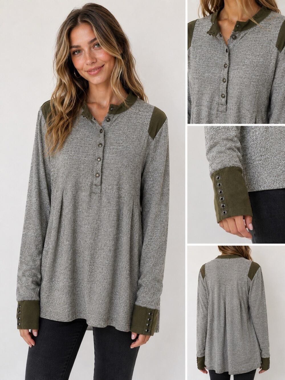 Free People Tunic T-Shirt Olive Green Brown Henley Long Sleeve Cotton Size S